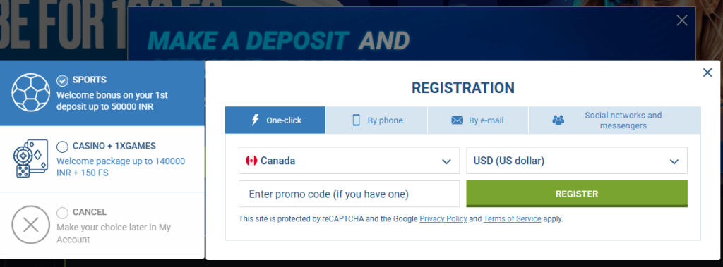 1xbet register