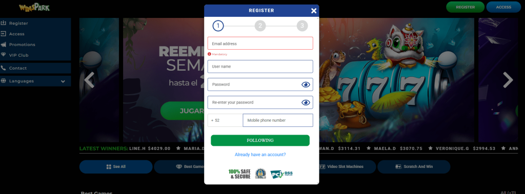 Winspark Casino register